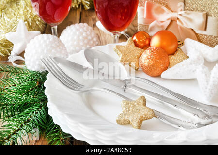 Christmas dinner table decotaion Stock Photo