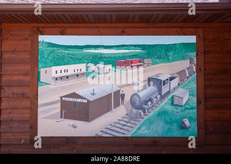 A mural painted on the old Railroad Depot, now a museum, in the Northwoods village of Boulder Junction, Wisconsin. Stock Photo