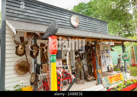 Wooden carving and taxidermy Muskie fish at a country store in the Northwoods village of Boulder Junction, Wisconsin. Stock Photo
