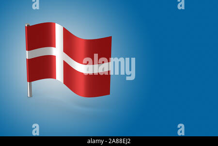 Small Denmark flag on a short metal pole. The flag has nicely detailed plastic texture on a blue background. 3D rendering. Stock Photo