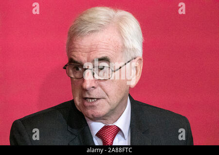 Liverpool, Merseyside. 7th November 2019.  John McDonnell, the Shadow Chancellor, speaking in the city of Liverpool to announce the first major policy announcement in the lead up to the 12th December General Election.  He is outlining plans to break up HM Treasury and move a big part of decision making to the north.  Mr McDonnell is also pledging an additional £150bn in a new Social Transformation Fund to be spent over the first five years of 'our Labour government'.  Credit: Cernan Elias/Alamy Live News Stock Photo