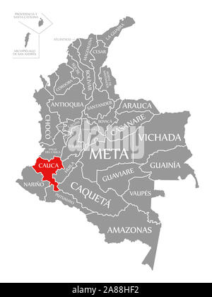 Cauca red highlighted in map of Colombia Stock Photo