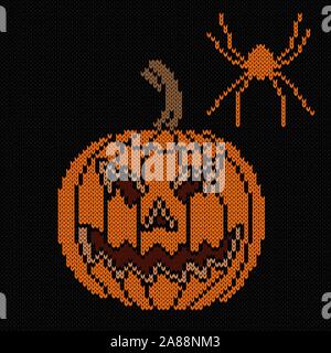 Knitting of big cartoon angry pumpkin in orange color with spider on the black background, illustration for textile production Stock Vector