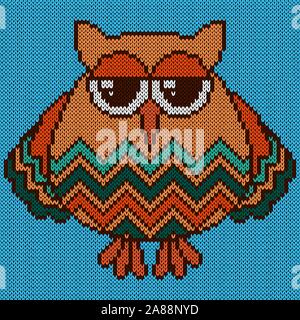Knitting of Funny and Sad Owl with Big Eyes Stock Vector