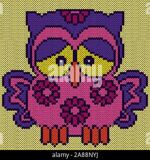 Knitting of cartoon funny owl with wings raised and big sad eyes in violet and pink hues on the pale yellow background, illustration for textile produ Stock Vector