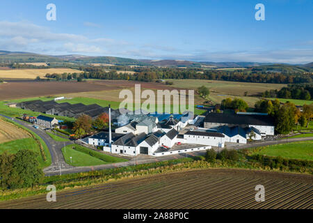Exeterior aerial view of the Fettercairn Whisky Distillery on a sunny autumn morning in Aberdeenshire, Scotland Stock Photo