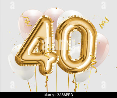 Happy 40th birthday gold foil balloon greeting background. 40 years anniversary logo template- 40th celebrating with confetti. Photo stock Stock Photo