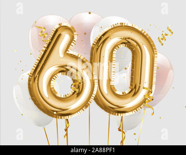 Happy 60th birthday gold foil balloon greeting background. 60 years anniversary logo template- 60th celebrating with confetti. Photo stock. Stock Photo