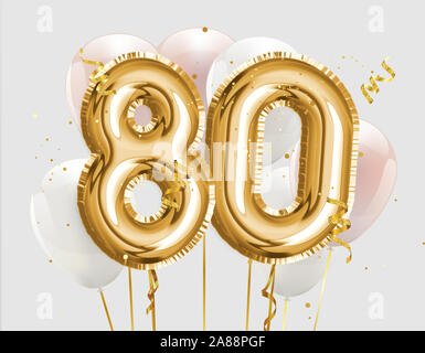 Happy 80th birthday gold foil balloon greeting background. 80 years anniversary logo template- 80th celebrating with confetti. Photo stock. Stock Photo