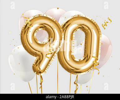 Happy 90th birthday gold balloon greeting background. 3D Rendering ...