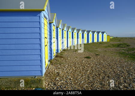 blue and yellow beach huts Stock Photo