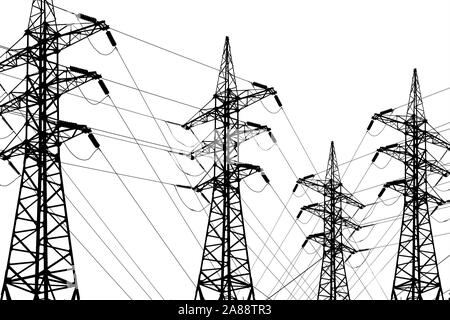 Electricity transmission lines with wires and towers. Black and white line art drawing illustration. Concept of electric power supply, alternative ene Stock Photo
