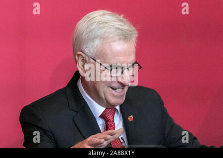 Liverpool, Merseyside. 7th November 2019.  John McDonnell, the Shadow Chancellor, speaking in the city of Liverpool to announce the first major policy announcement in the lead up to the 12th December General Election.  He is outlining plans to break up HM Treasury and move a big part of decision making to the north.  Mr McDonnell is also pledging an additional £150bn in a new Social Transformation Fund to be spent over the first five years of 'our Labour government'.  Credit: Cernan Elias/Alamy Live News Stock Photo