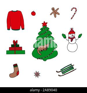 Winter set of elements - christmas tree, snowman, sleigh, sock, presents, gignerbread man, sweater, sweet cane, snow flake. Picture can be used in christmas and new year greeting cards, posters, flyers, banners, logo etc. Vector illustration. EPS10 Stock Vector