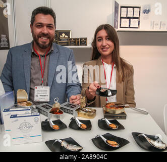 London UK 07 November 2019 Bellavita Expo London  the UK’s largest trade show dedicated to promoting the excellence of Mediterranean F&B (Food and Beverage), opened today at the Islington Business Center. Over 250 producers will showcase 3,000 high quality products, from wonderful red salmon ,sea food o live oil, Pizza, Spanish Gin and Spanish Serrano  ham on the bone,Paul Quezada-Neiman/Alamy Live News Stock Photo