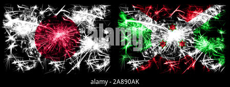 Japan, Japanese vs Burundi, Burundian New Year celebration sparkling fireworks flags concept background. Combination of two abstract states flags. Stock Photo