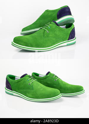 Male green leather shoe on white background, isolated product. Stock Photo