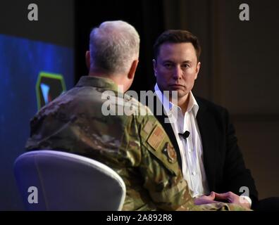 Elon Musk, CEO of SpaceX, speaks with U.S. Air Force Lt. Gen. John Thompson, Space and Missile Systems Center commander during the Air Force Space Pitch Day November 5, 2019 in San Francisco, California. Stock Photo