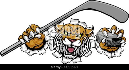 Wildcat Ice Hockey Player Animal Sports Mascot Stock Vector