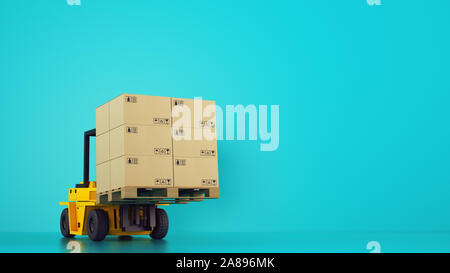 Yellow electric forklift loads a wooden pallet with boxes Stock Photo ...