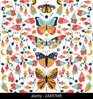 Seamless, Tileable Wallpaper Pattern with Boho Style Butterflies, Moths and Floral Elements Stock Vector