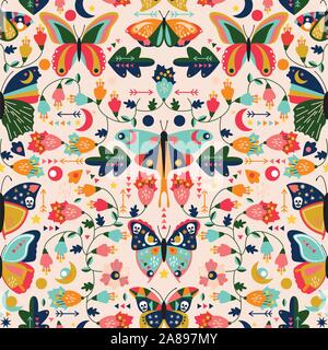 Seamless, Tileable Wallpaper Pattern with Boho Style Butterflies, Moths and Floral Elements Stock Vector