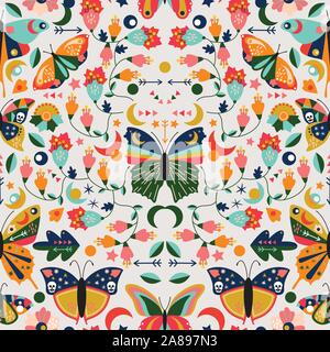 Seamless, Tileable Wallpaper Pattern with Boho Style Butterflies, Moths and Floral Elements Stock Vector
