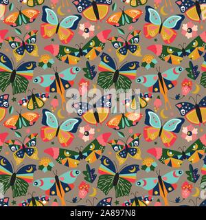 Seamless, Tileable Wallpaper Pattern with Boho Style Butterflies, Moths and Floral Elements Stock Vector