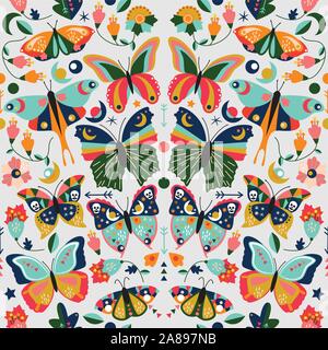 Seamless, Tileable Wallpaper Pattern with Boho Style Butterflies, Moths and Floral Elements Stock Vector