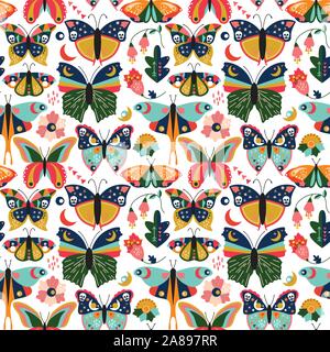 Seamless, Tileable Wallpaper Pattern with Boho Style Butterflies, Moths and Floral Elements Stock Vector