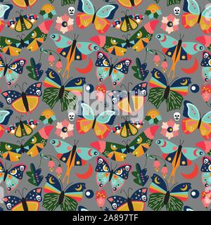 Seamless, Tileable Wallpaper Pattern with Boho Style Butterflies, Moths and Floral Elements Stock Vector