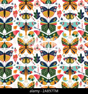 Seamless, Tileable Wallpaper Pattern with Boho Style Butterflies, Moths and Floral Elements Stock Vector