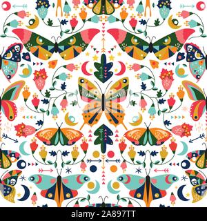Seamless, Tileable Wallpaper Pattern with Boho Style Butterflies, Moths and Floral Elements Stock Vector