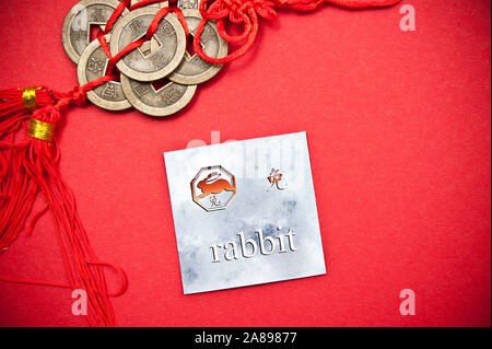 card with the symbol of Chinese astrological sign of Rabbit Stock Photo