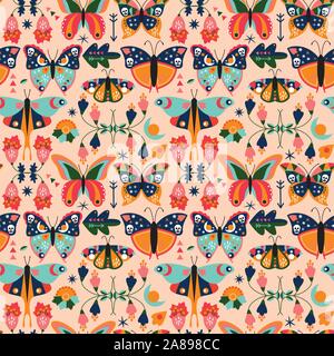 Seamless, Tileable Wallpaper Pattern with Boho Style Butterflies, Moths and Floral Elements Stock Vector