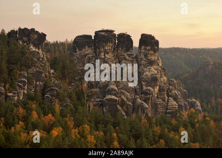 Bastei, view from the bridge on rock formations, sunrise,  autumn, Sächsische Schweiz, Germany Stock Photo