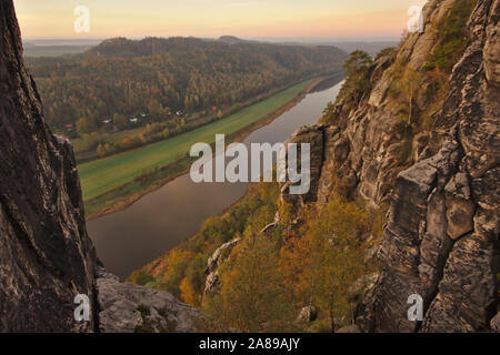 Bastei, view from the bridge on Elbe, sunrise,  autumn, Sächsische Schweiz, Germany Stock Photo