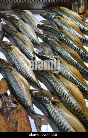 Smoked mackerel in the fish market. Bergen. Norway Stock Photo