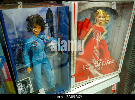 Sally Ride Astronaut and Holiday Barbie Mattel Barbie Dolls in a store in New York on Tuesday, November 5, 2019. (© Richard B. Levine) Stock Photo