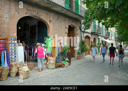 Streetlife at historic center of Valldemossa, region Comarca, Serra de Tramuntana, Mallorca, Balearic islands, Spain Stock Photo