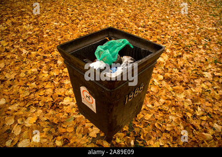 public bin in the UK full of rubbish. The background is golden leaves Stock Photo