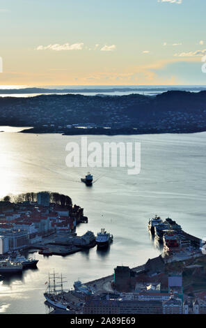Elevated view over central Bergen at sunset. Hordaland, Norway Stock Photo