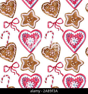 Cakes, hearts, ribbons and Christmas elements isolated on a white background. Endless texture, pattern. Greeting card, decoration for Christmas Stock Photo