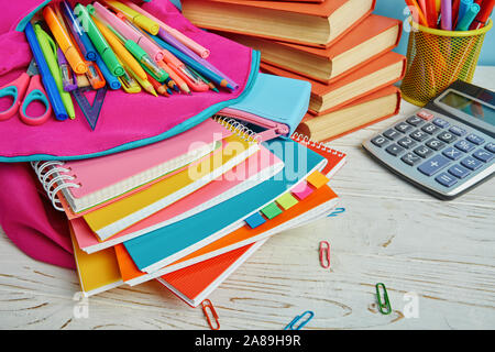 On the table is a composition of bright stationery Stock Photo