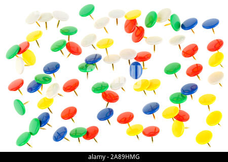 Group of many colorful push pins isolated on white background Stock Photo