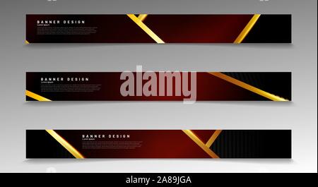 Collection of modern abstract style banners. golden stripe and red gradient with black background. Vector illustration Stock Vector
