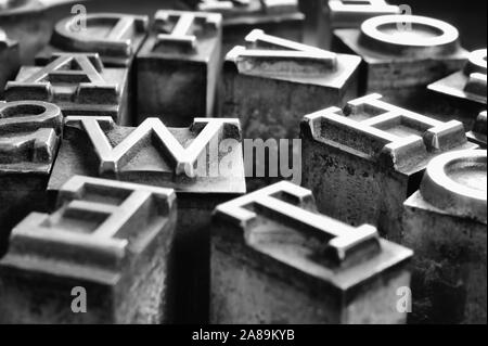 Old lead letters for a letterpress printing press Stock Photo