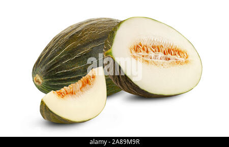 Delicious green tendral melon, one half and slice in a cross-section, isolated on white background with copy space for text or images. Sweet flesh wit Stock Photo