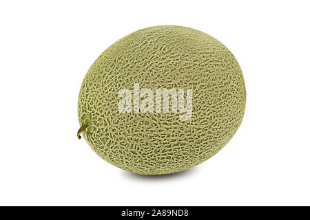 Tasty, juicy cantaloupe melon isolated on white background with copy space for text or images. Pumpkin plant family. Side view. Close-up shot. Stock Photo