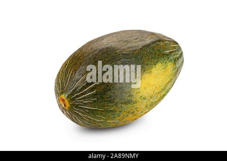 Yummy, green, mellow tendral melon isolated on white background with copy space for text or images. Pumpkin plant family. Side view. Close-up shot. Stock Photo